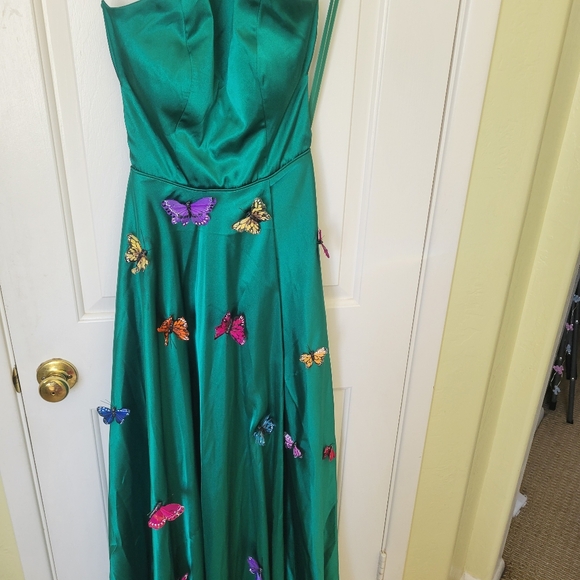 Blondie NITES Evening Gown Maxi Dress Green Satin Crossback BUTTERFLY - Picture 10 of 16